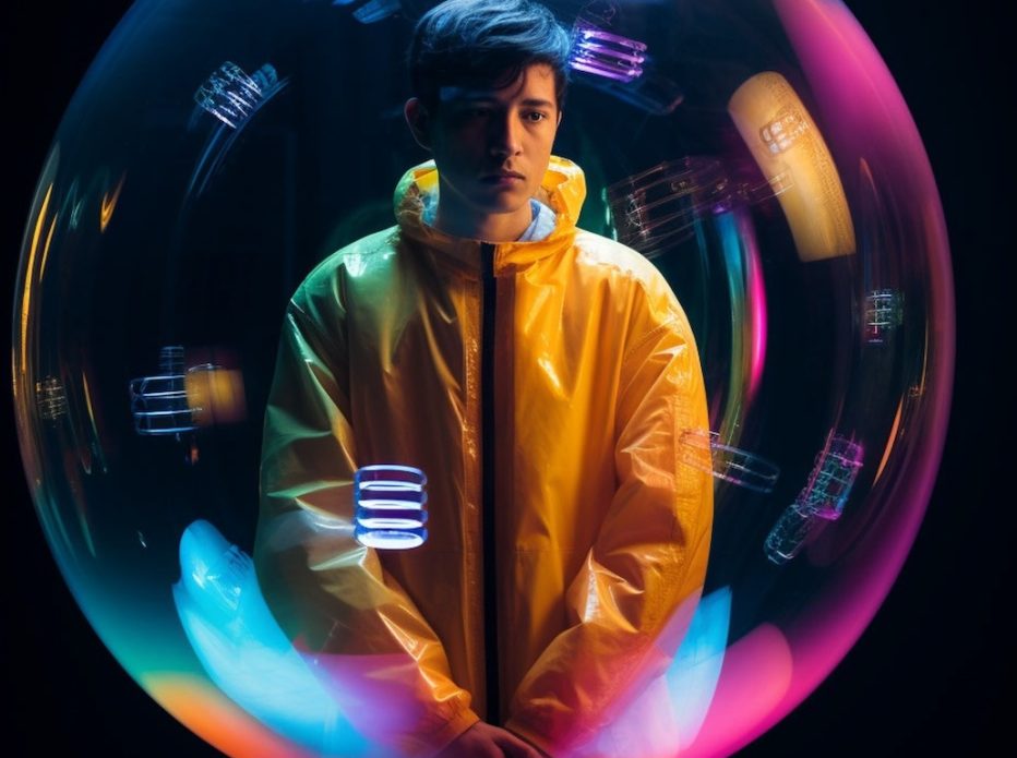 a man standing in a large, colorful bubble, in the style of claire-obscure lighting, neo-pop sensibility, portraits with soft lighting, light cyan and yellow, pensive portraiture, japanese photography, shiny/glossy --ar 3:4 --v 5.2 Job ID: f2cfda53-ef7e-4c55-9a6c-29da423751d7